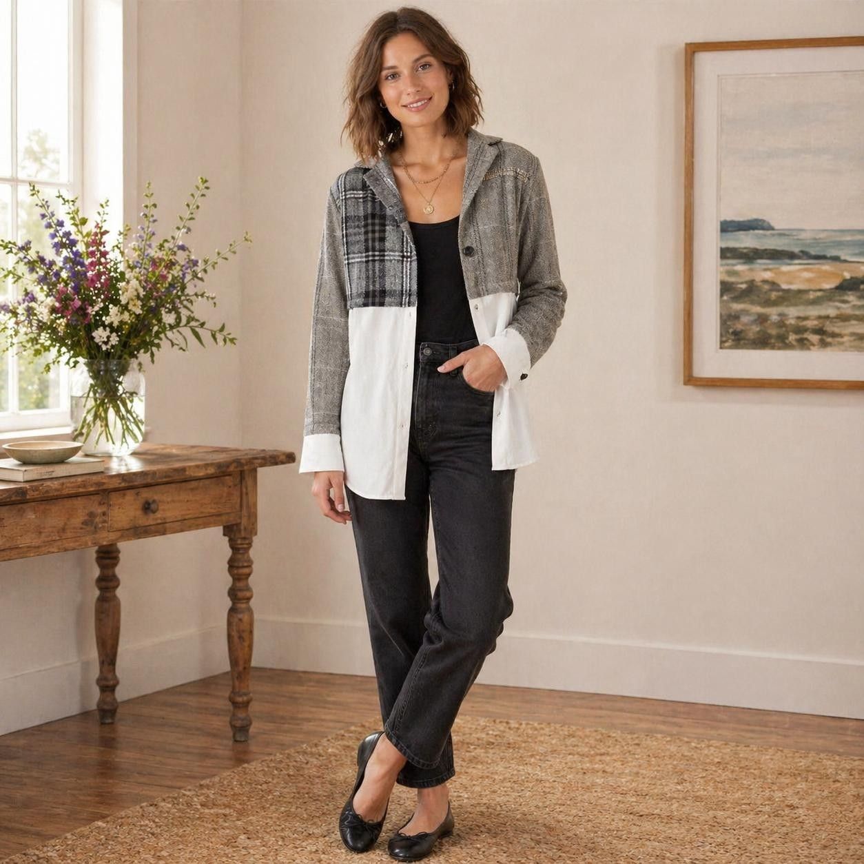Mystree Women's Patchwork Plaid Shirt Jacket Large Colorblock Button Front 60291